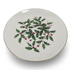 Vintage Lenox Holly Berry Serving Platter 13" White Gold Trim Round Christmas
